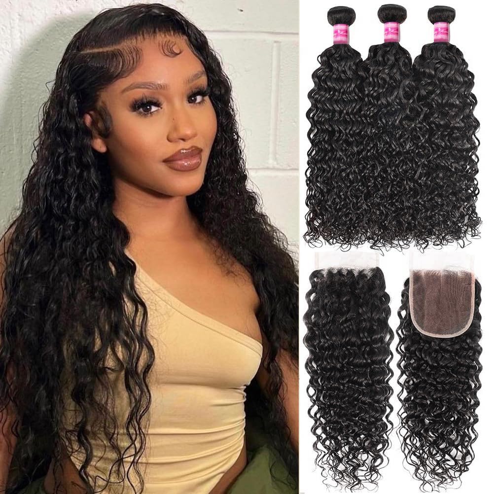 Beautymoon Water Wave Bundles With Closure - 12 14 16+10 Brazilian Human Hair Extensions