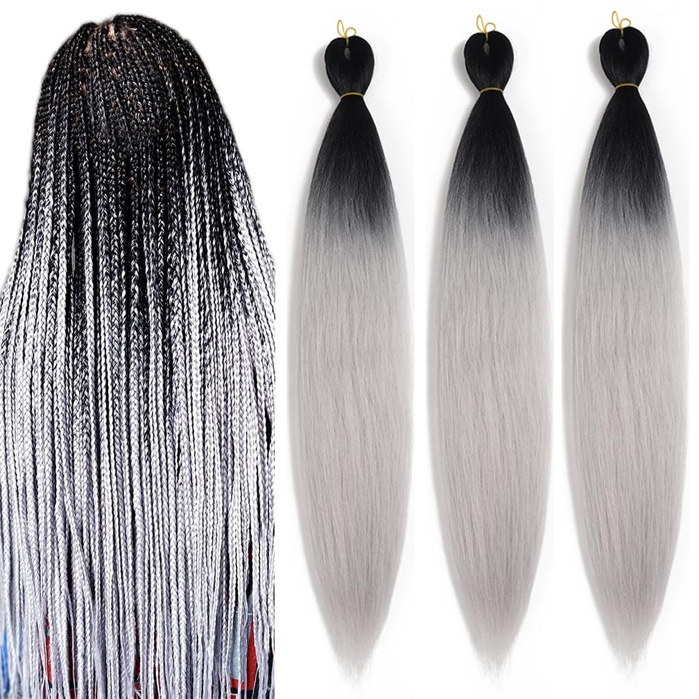 Balinghair 28 Inch Kanekalon Ombre Braiding Hair - Black To Light Grey, Pre-Stretched, 3 Packs