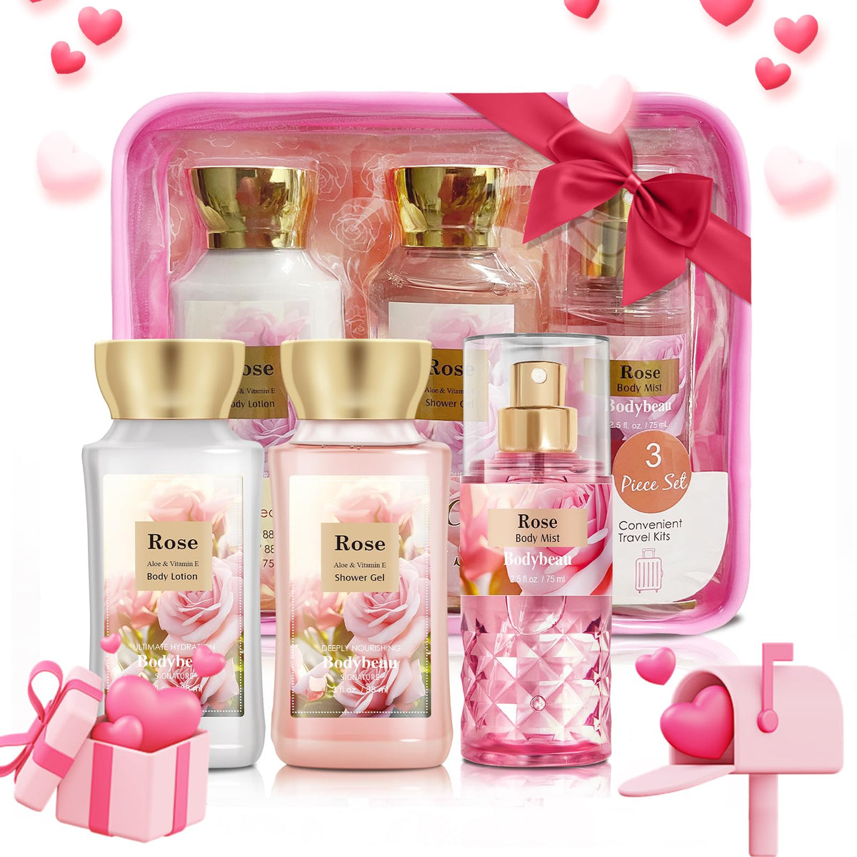 Bodybeau Rose Bath & Body Gift Set For Women - Shower Gel, Lotion & Mist, 3Pcs Travel Set