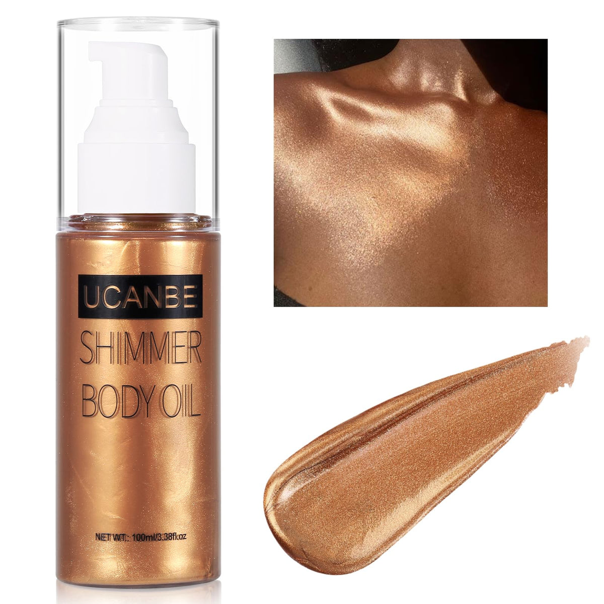 Ucanbe Body Shimmer Oil 100Ml - Waterproof Glitter Luminizer, Bronze Gold Glowing Bronzer