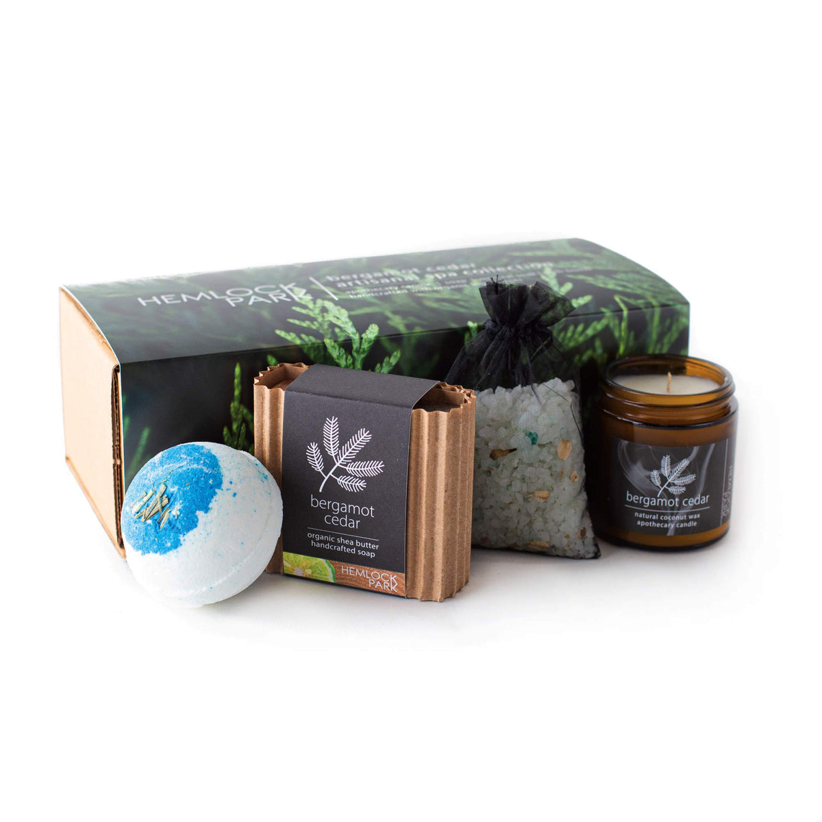 Hemlock Park Spa Gift Box - 4 Piece Set With Candle, Soap, Bath Bomb & Mineral Salt Soak