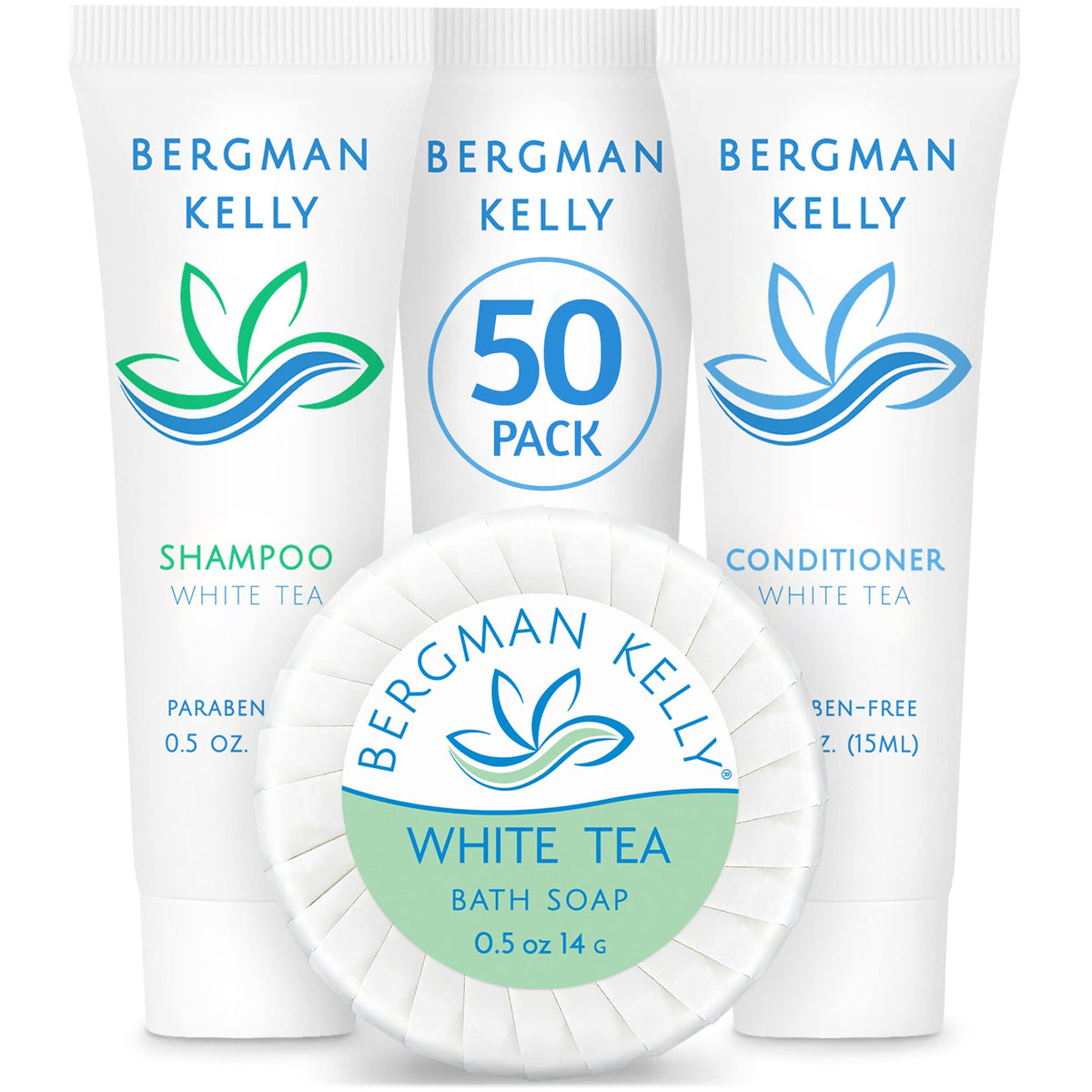 Bergman Kelly 3-Piece Mini Soap & Shampoo Set, White Tea, Travel Toiletries, 150 Pcs