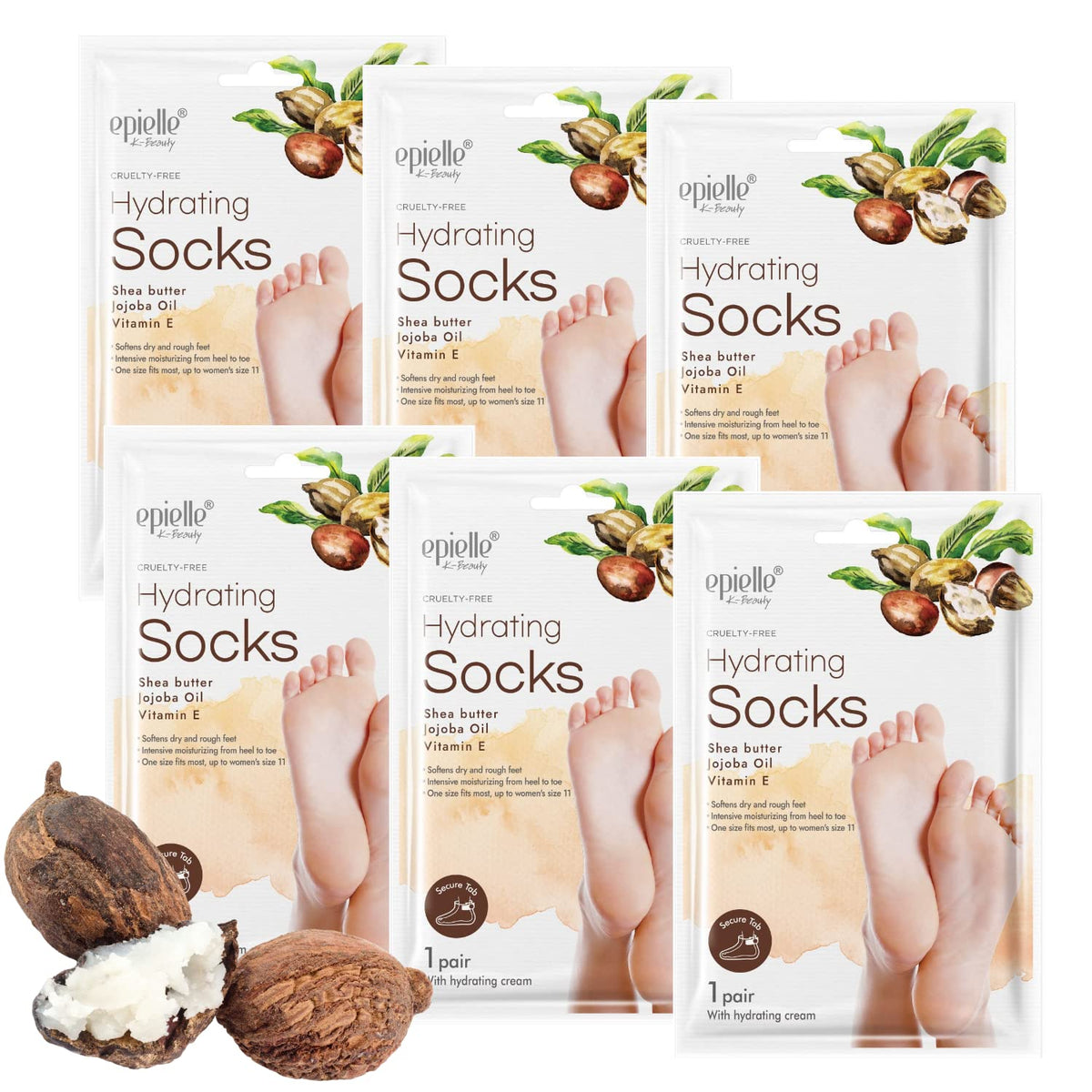 Epielle Hydrating Foot Masks 6 Pack - Repair Cracked Feet, Dry Heels & Calluses With Shea Butter