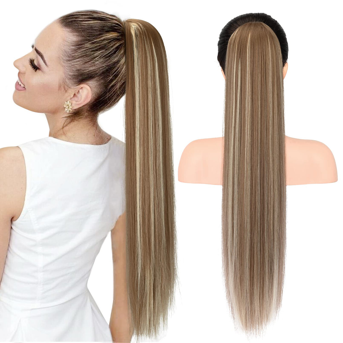 Seikea 28&quot; Ponytail Extensions - Ash Brown/Platinum Blonde Synthetic Clip-In Hairpiece