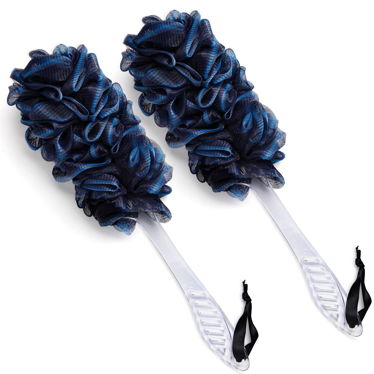 Qewro 2Pack Back Scrubber, Dual-Sided Loofah Shower Brush With Long Handle, Navy Blue