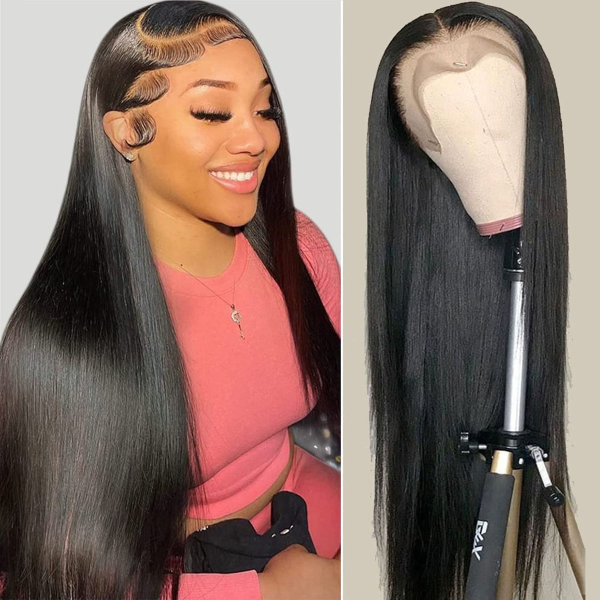 Sihuashow 22&quot; Straight Human Hair Wig For Black Women, 180 Density Hd Lace Front, Natural Black