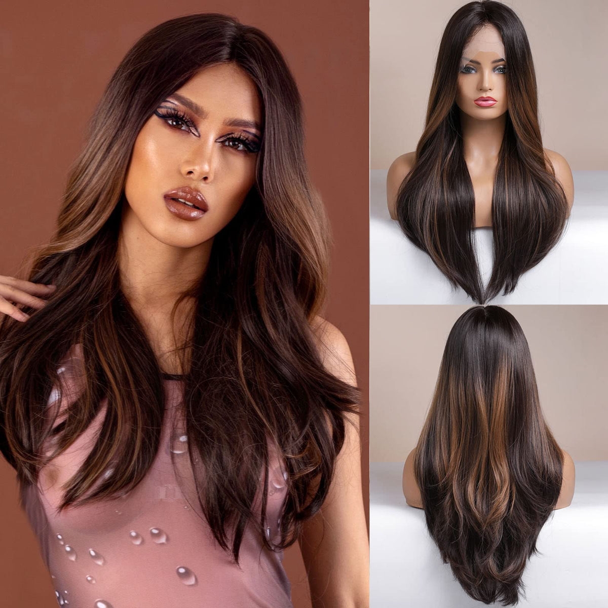 Emmor Honey Brown Highlight Lace Front Body Wave Wig - Heat Resistant Synthetic Hair