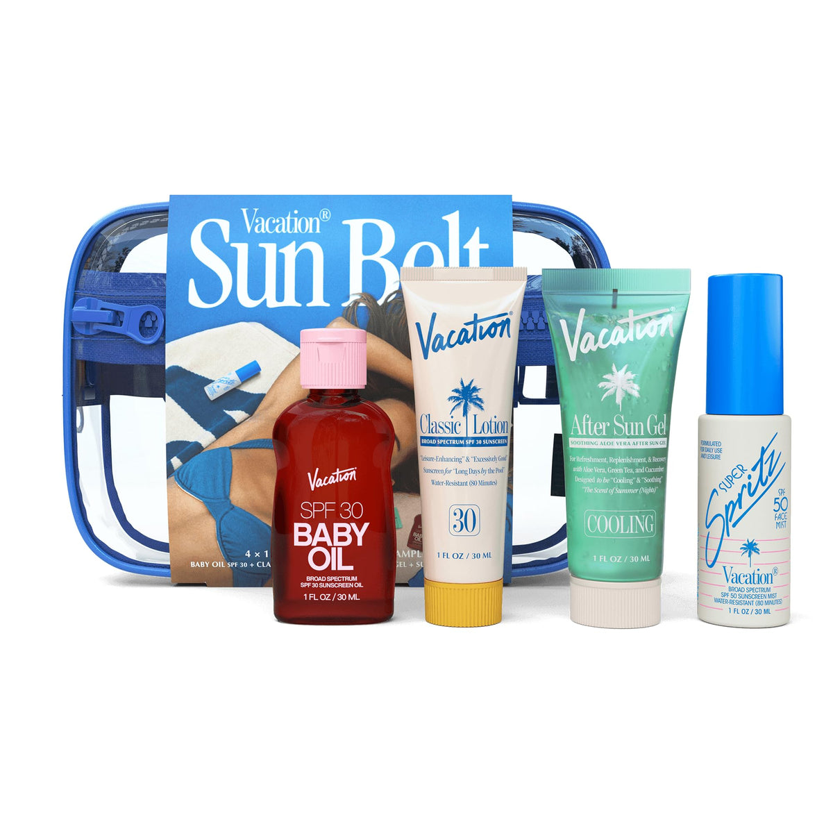 Vacation Sun Belt Sampler: Spf 30 Baby Oil, Spf 50 Face Mist, Spf 30 Lotion, After Sun Gel,