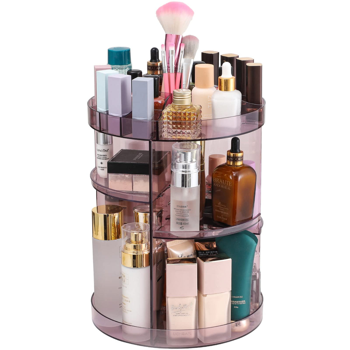 Cq Acrylic 360 Rotating Makeup Organizer - 4 Tier Adjustable Storage Box, Purple, Large Capacity