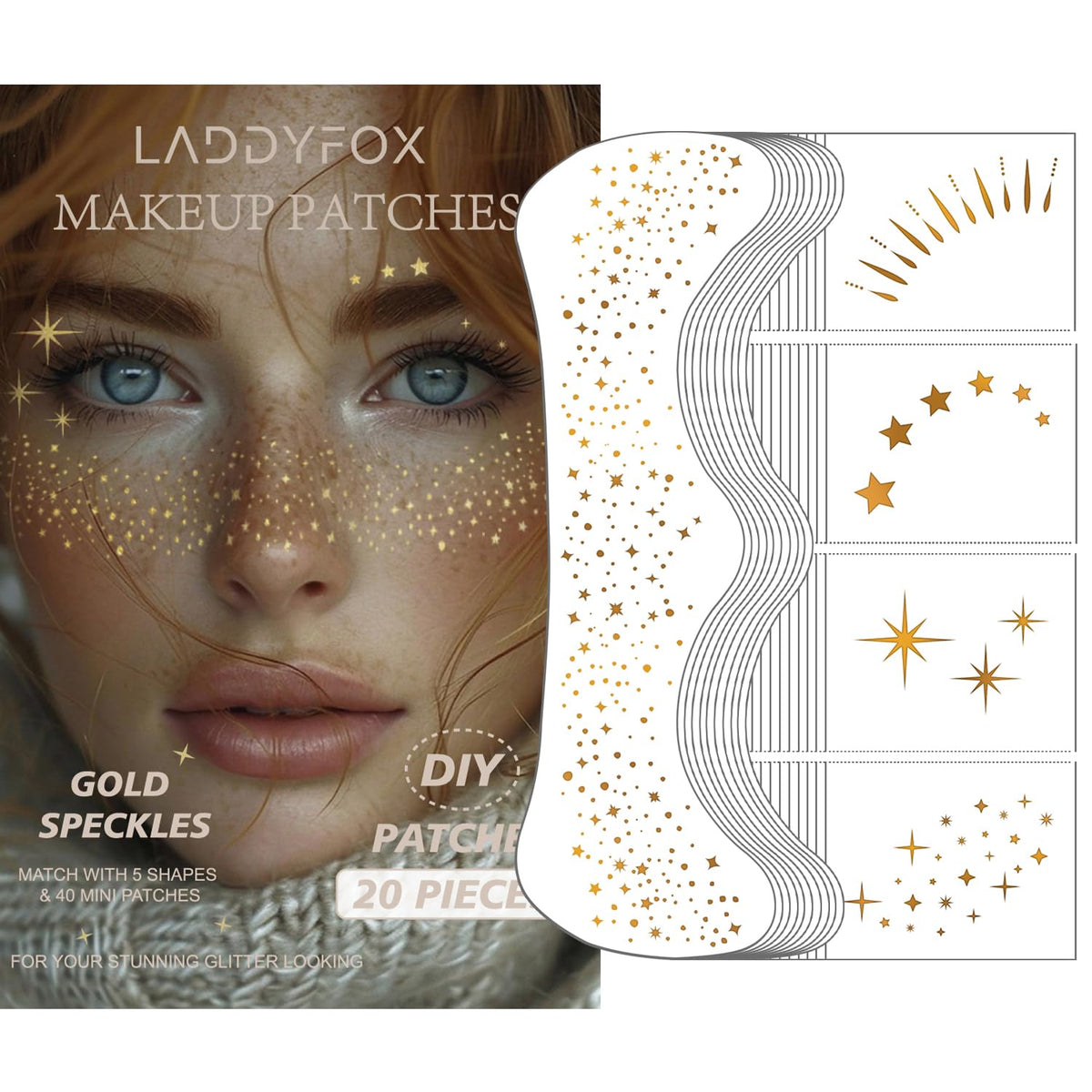 Laddyfox 20 Pcs Gold Glitter Freckles Face Makeup Patches, Waterproof Sparkle Tattoos For Women