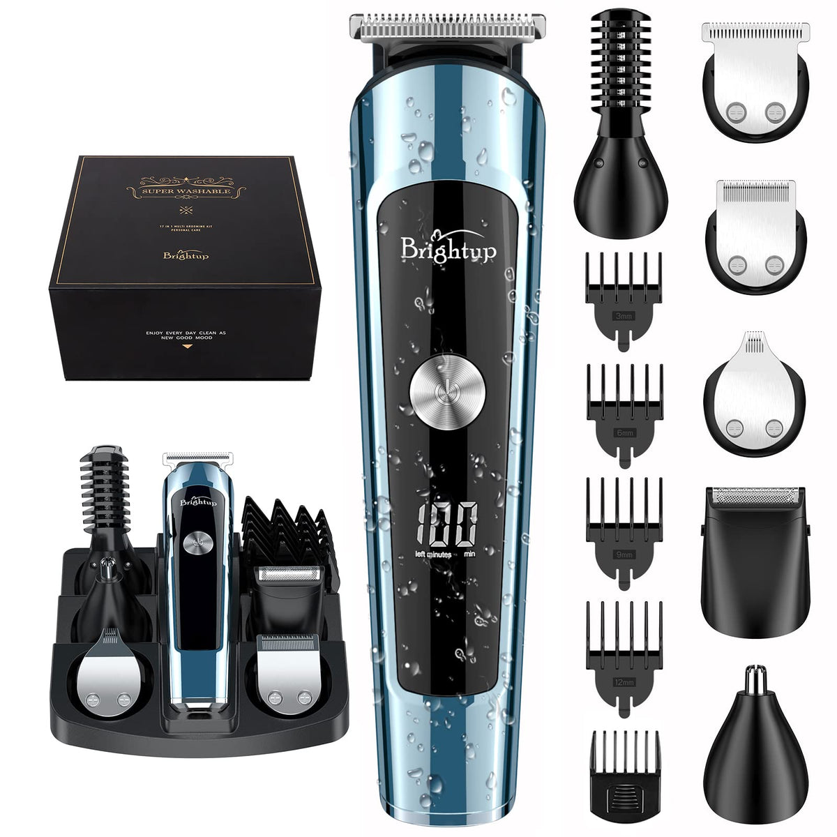 Brightup Beard Trimmer Kit, Ipx7 Waterproof, Cordless Hair Clippers, Led Display, 20-Piece Set