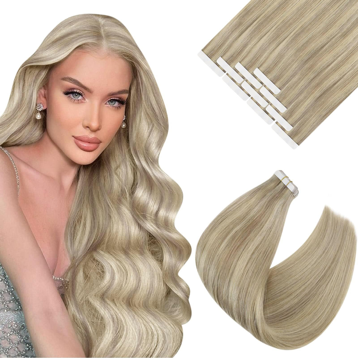 Ve Sunny Tape In Hair Extensions 22&quot; Golden Blonde Highlighted Real Hair 10Pcs 25G