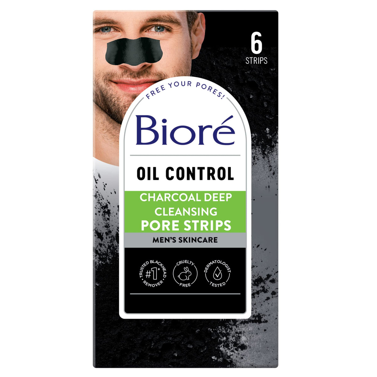 Bioré Charcoal Pore Strips For Men, Blackhead Removal, C-Bond Technology, 6 Count