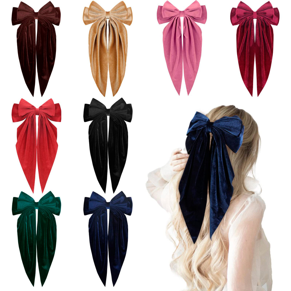 Vobobe 8Pcs Big Velvet Hair Bows For Women & Girls - 8 Inch Layered Barrette Hair Clips