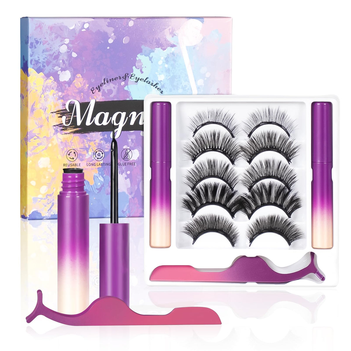 Bileycha 3D Magnetic Eyelashes Kit With Magnetic Eyeliners, No Glue, 5 Pairs, Lightweight,