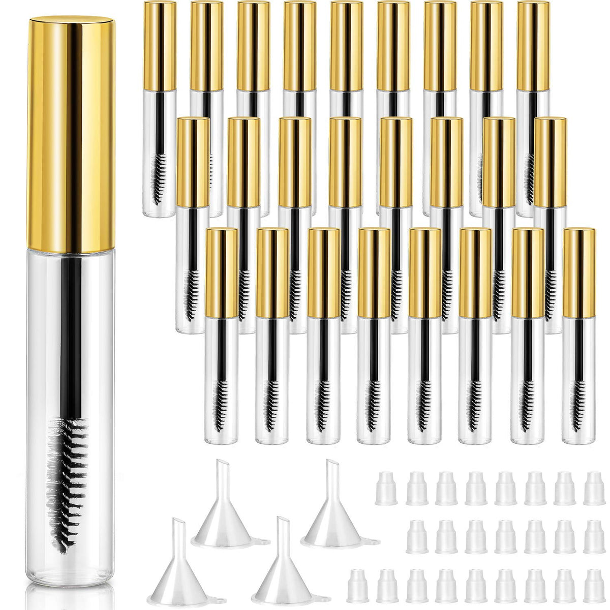 Patelai 25 Pack 10Ml Empty Mascara Tubes With Funnels & Pipettes - Gold Refillable Containers