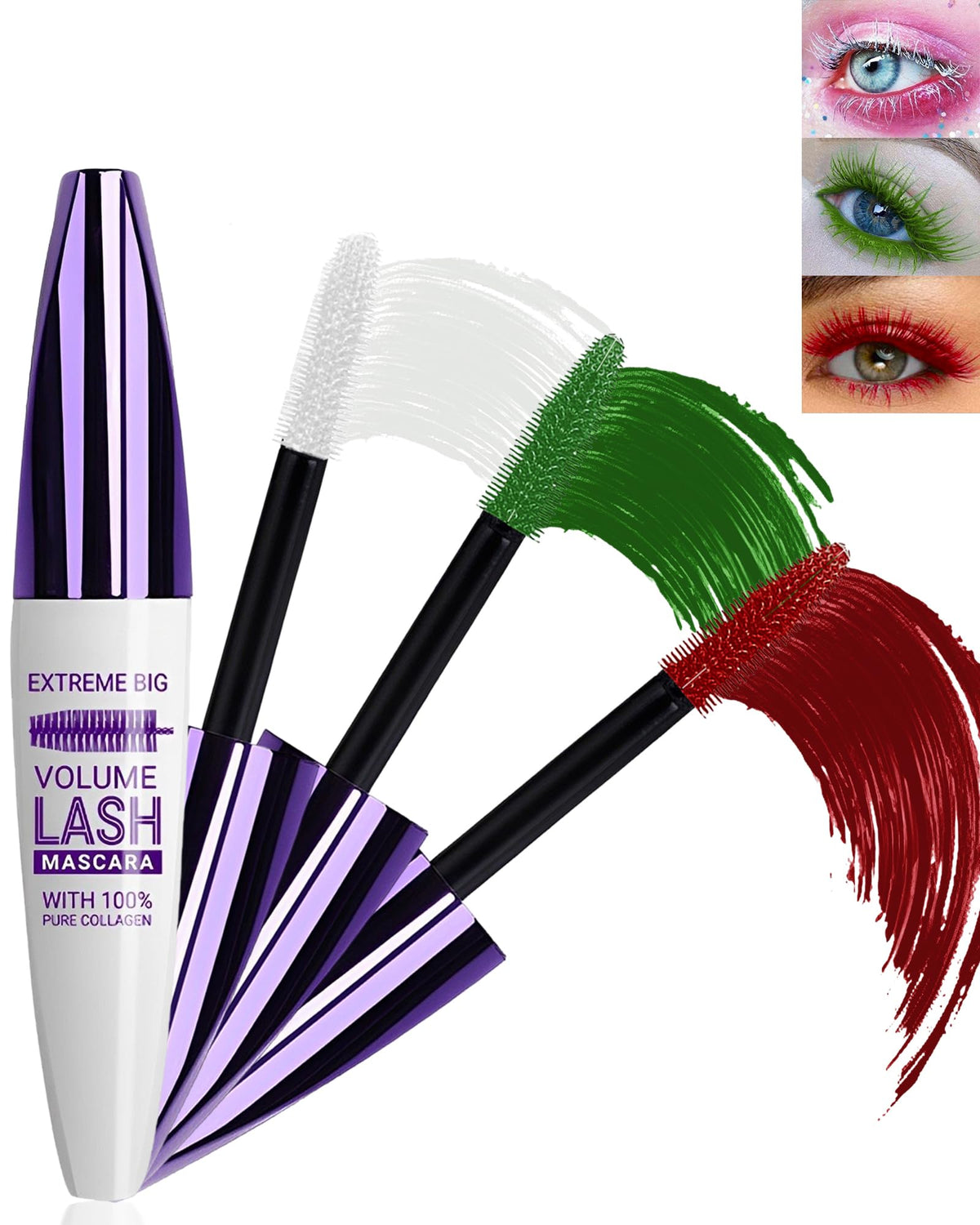 Lysdefeu 5D Colored Mascara Set - Waterproof Volumizing Tubing Mascara In White, Green, Red