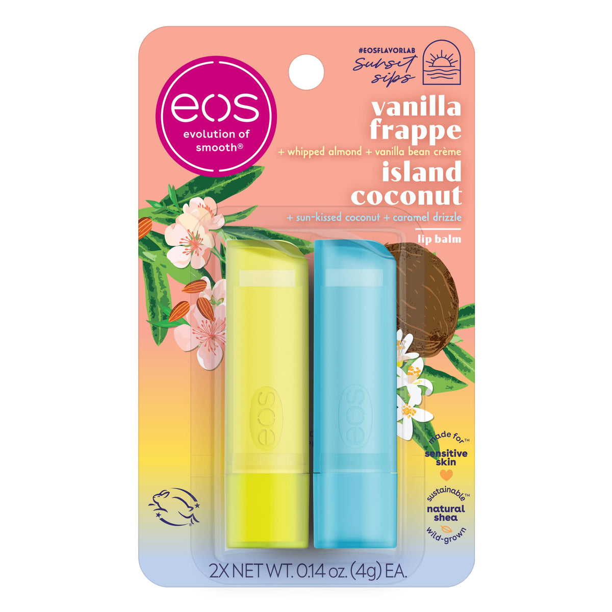 Eos Sunset Sips Lip Balm 2-Pack - Island Coconut & Vanilla Frappe, All-Day Moisture, 0.14