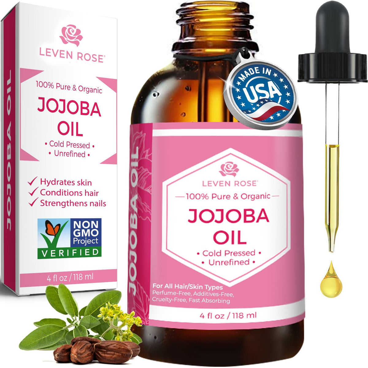 Leven Rose Organic Jojoba Oil 4Oz - Pure Cold Pressed Moisturizer For Skin, Hair & Nails