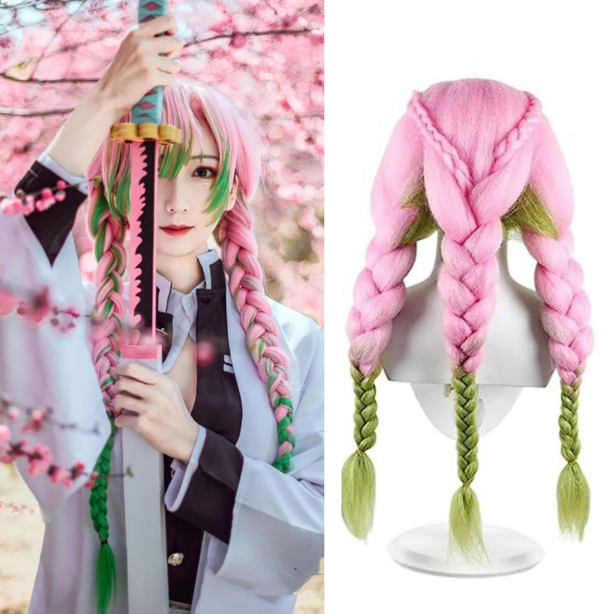 Imeyle Kanroji Mitsuri Wig - Pink & Green Synthetic Fiber Anime Cosplay Wig For Halloween