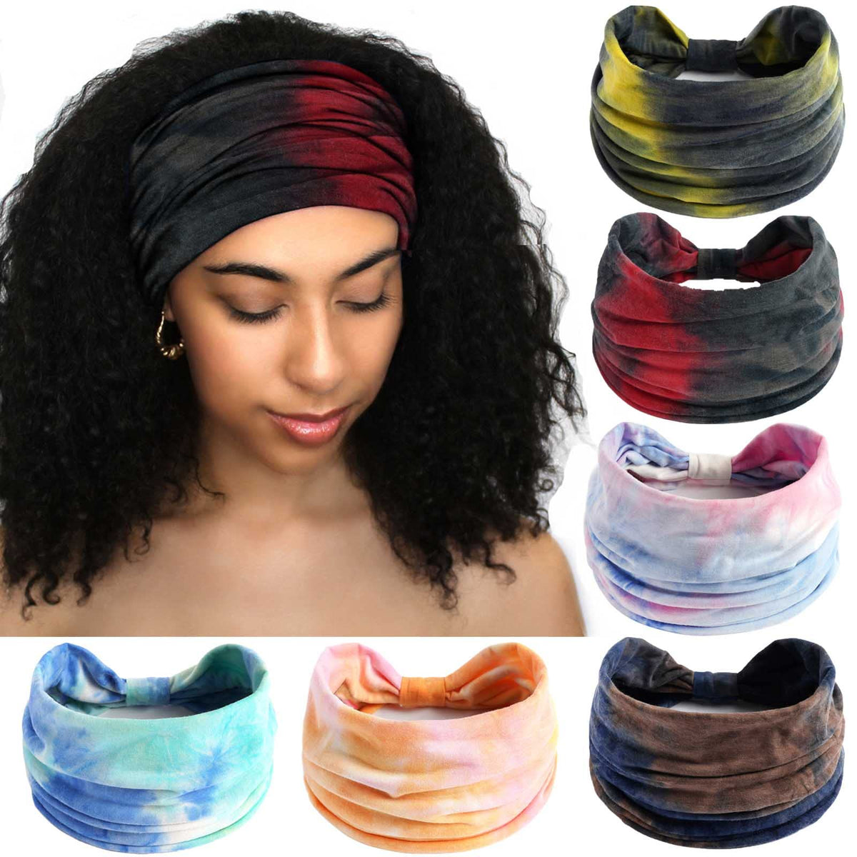 Olbye Tie Dye Wide Headbands for Women, Non-Slip Elastic Hair Bands, Pack of 6