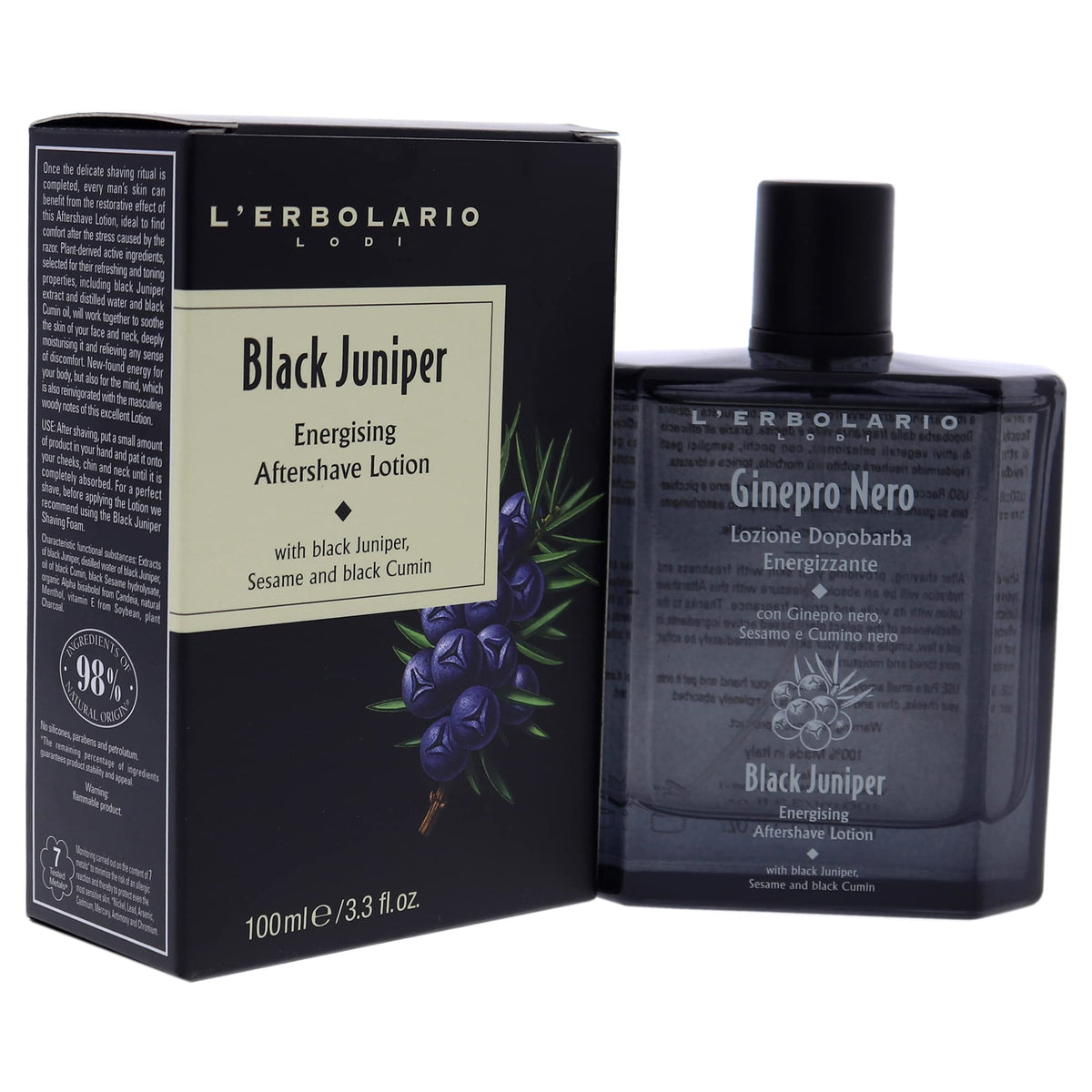 L'Erbolario Black Juniper Aftershave Lotion, Energizing & Refreshing, 3.3 Oz