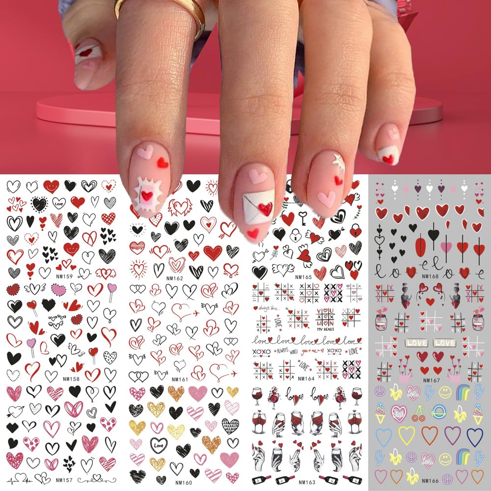 Kolonams 12 Sheets Valentine'S Day Nail Art Stickers - Colorful Heart Design Water Transfer Foils