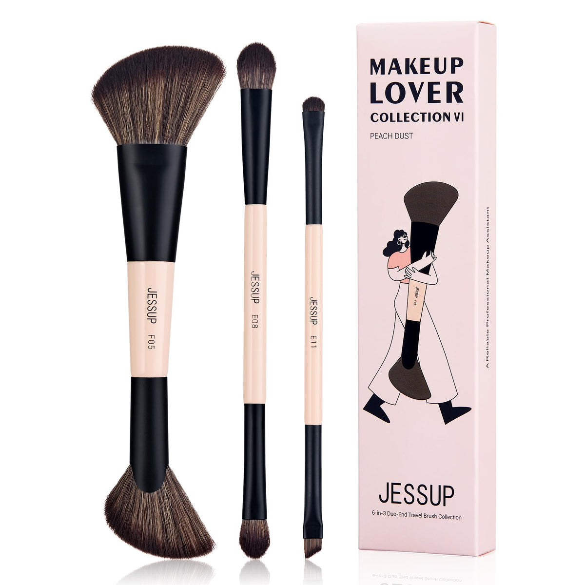 Jessup 3Pcs Travel Makeup Brushes Set - Dual Ended Contour & Eyeshadow Brushes, Peach Dust