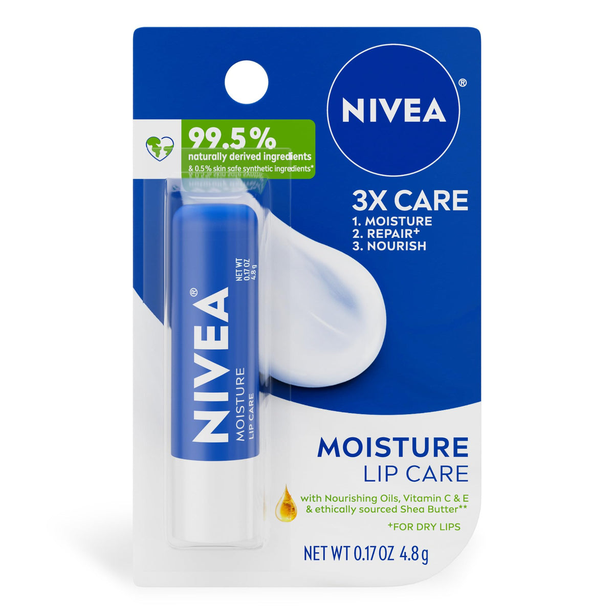 Nivea Moisture Lip Care Balm With Shea Butter, Oils & Vitamin C, 0.17 Oz For Dry Lips