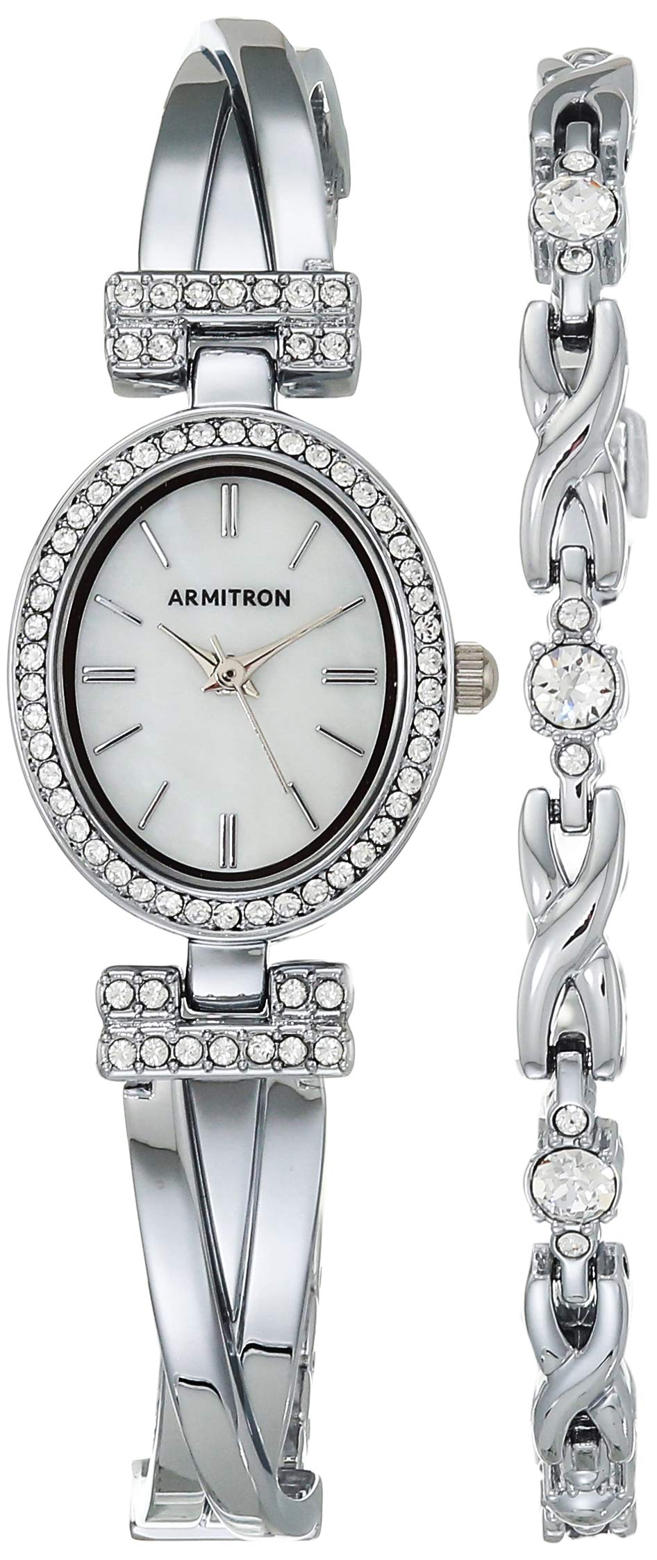 Armitron Silver-Tone Bangle Watch & Bracelet Set With Genuine Crystals, 25Mm