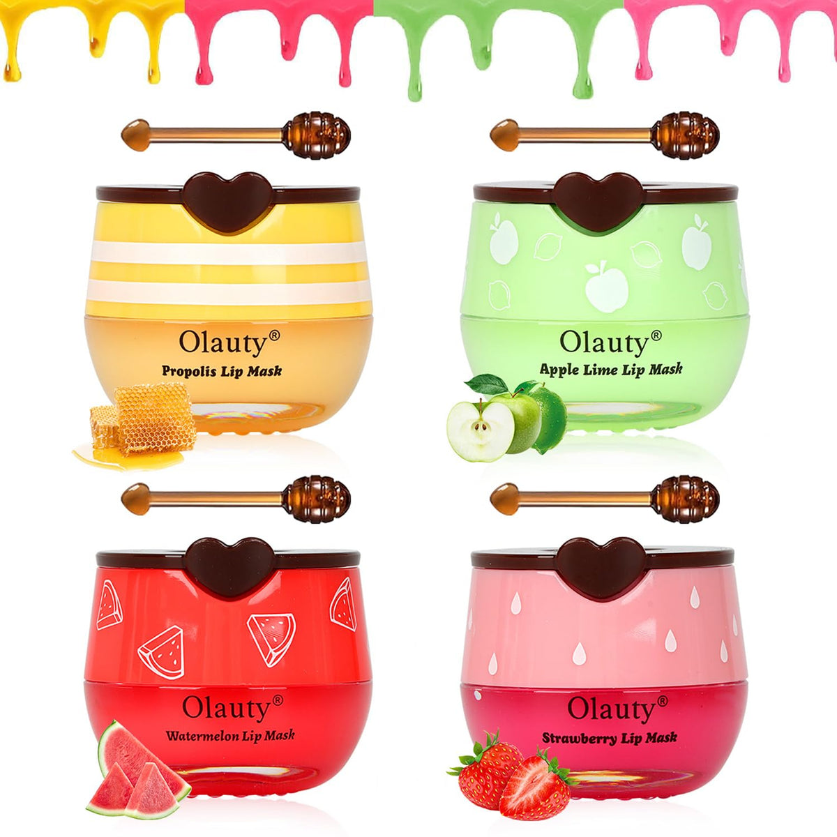 Lingyun 4 Pcs Bee Lip Balm Set - Strawberry, Honey, Watermelon, Apple Lime, Moisturizing Care