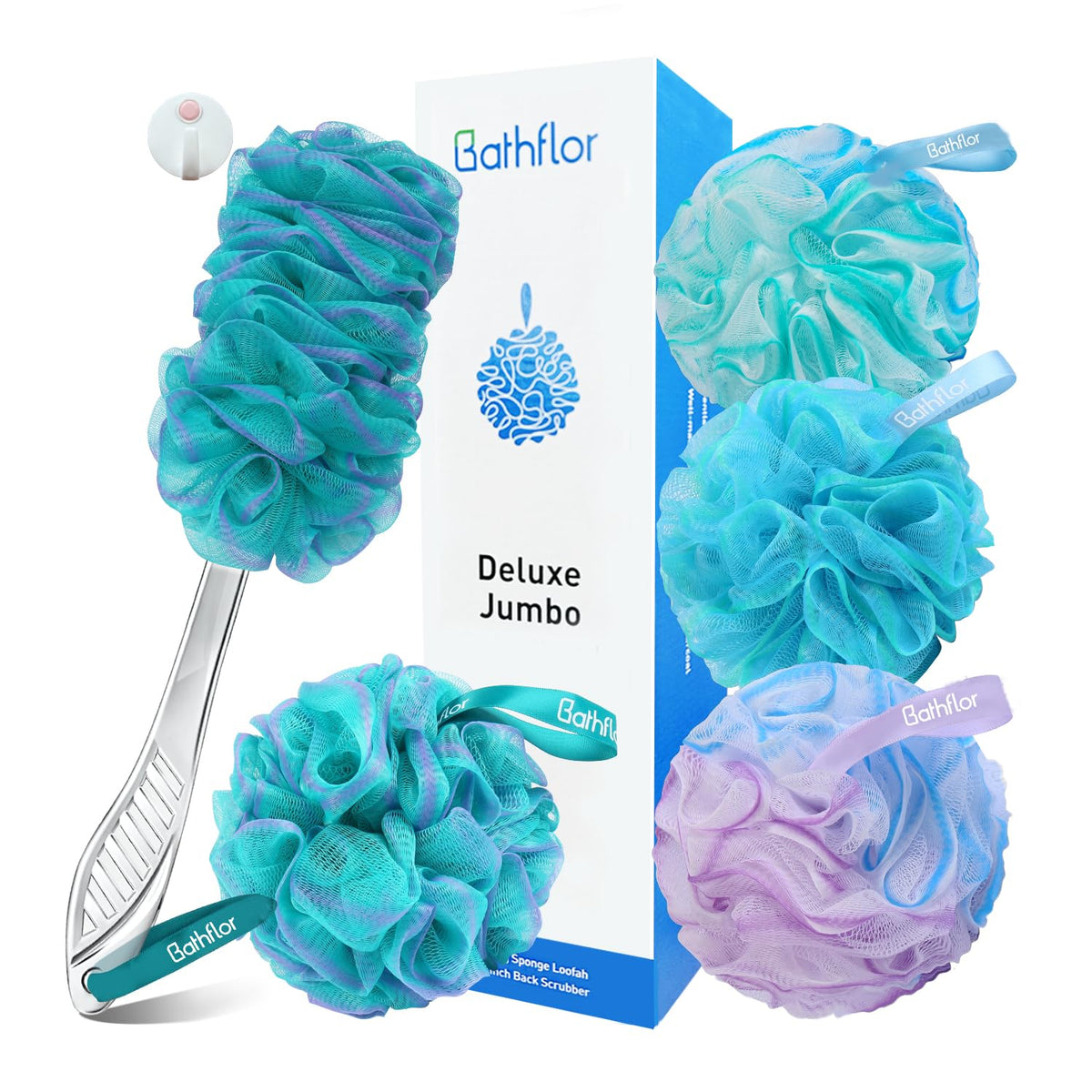 Bathflor 6-In-1 Loofah Sponge Set, Exfoliating Shower Scrubber With Handle & Hook, Green-Purple