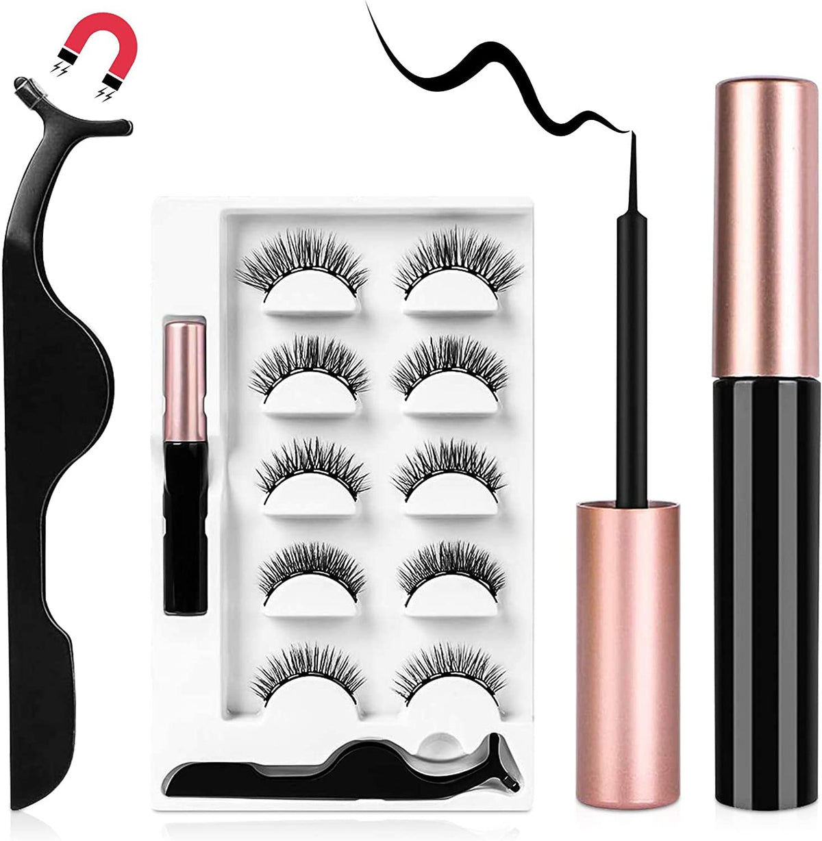 Aomig Magnetic Eyelashes Kit - 5 Pairs Reusable Waterproof Lashes With Eyeliner & Applicator, Black