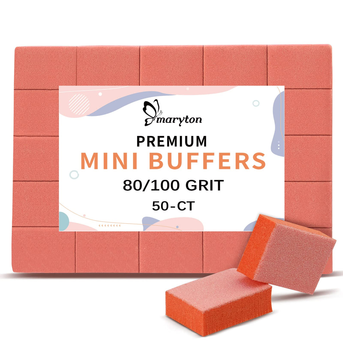 MARYTON 80/100 Grit Mini Nail Buffer Blocks - 50 Count Professional Orange Buffers for Gel & Acrylic