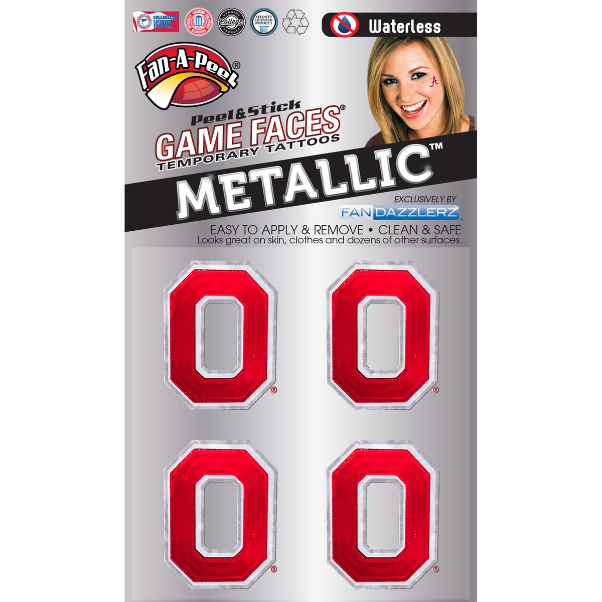 Fan-A-Peel Ohio State Waterproof Temporary Tattoos - Hypoallergenic Peel & Stick, Metallic