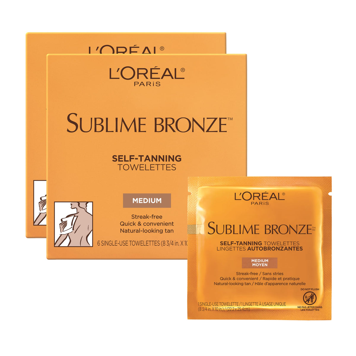 L'Oreal Paris Sublime Bronze Self Tanning Towelettes, Streak-Free Natural Tan, 6 Count