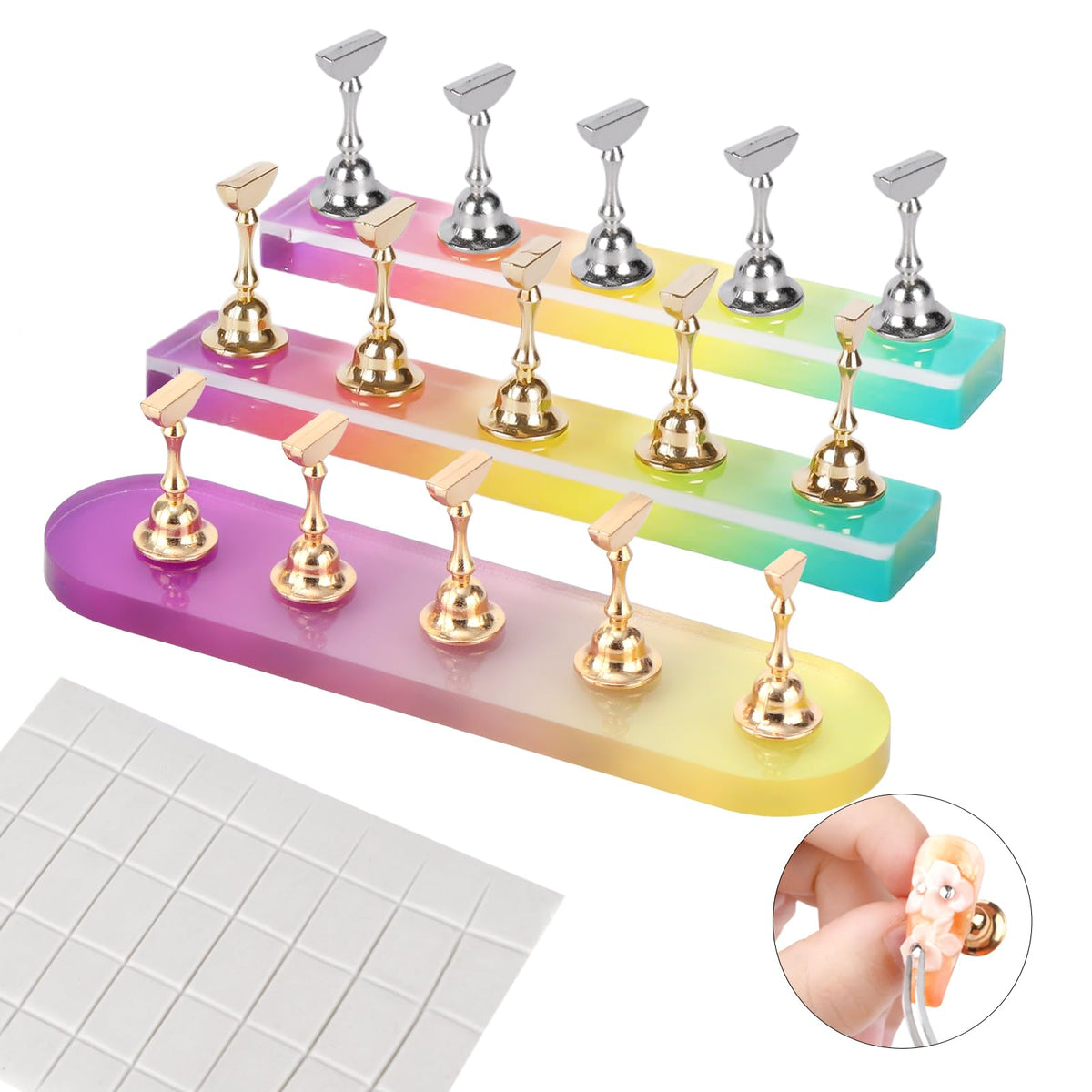 Saviland 3 Set Magnetic Nail Holder Stand - Acrylic Display For Press Ons, 40 Pcs Adhesive Putty