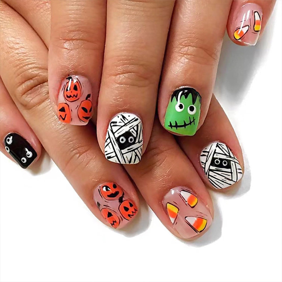 Mdscve Halloween Press On Nails, Short Square Acrylic, 24Pcs Mummy & Pumpkin Designs