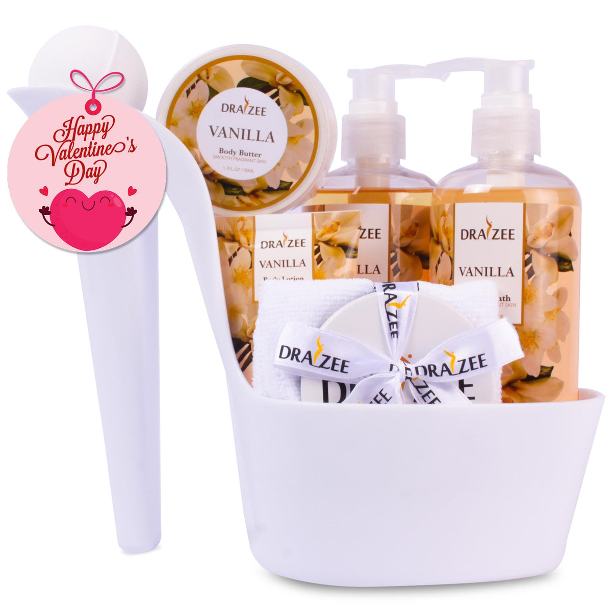 Valentine'S Day Spa Gift Basket - 8 Pcs Luxury Vanilla Bath Set For Women By Draizee