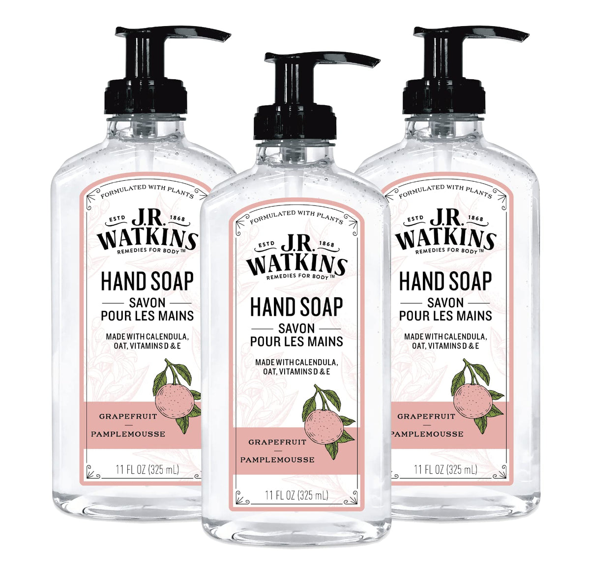 J.R. Watkins Grapefruit Gel Hand Soap, 11 Fl Oz, 3 Pack, Cruelty-Free, Usa Made