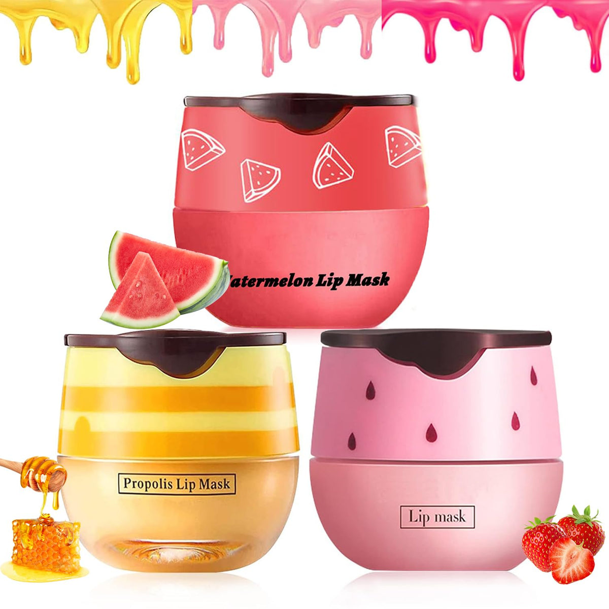 Yishifa 3Pcs Bee Lip Balm Set - Honey Strawberry Watermelon Overnight Moisturizing Mask