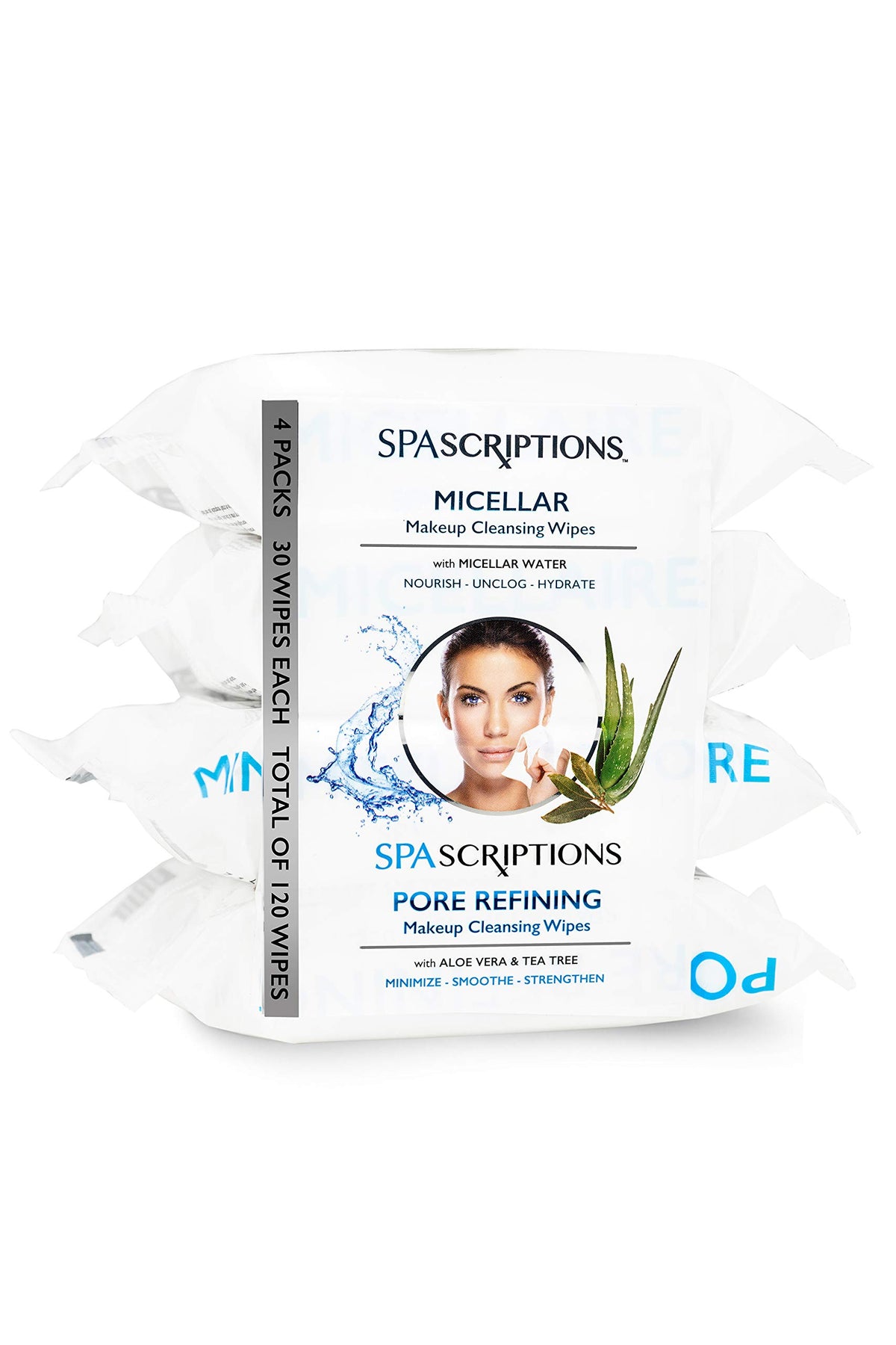 Spascriptions Micellar Makeup Removal Wipes - 120 Count (4-Pack) - Travel Toiletries