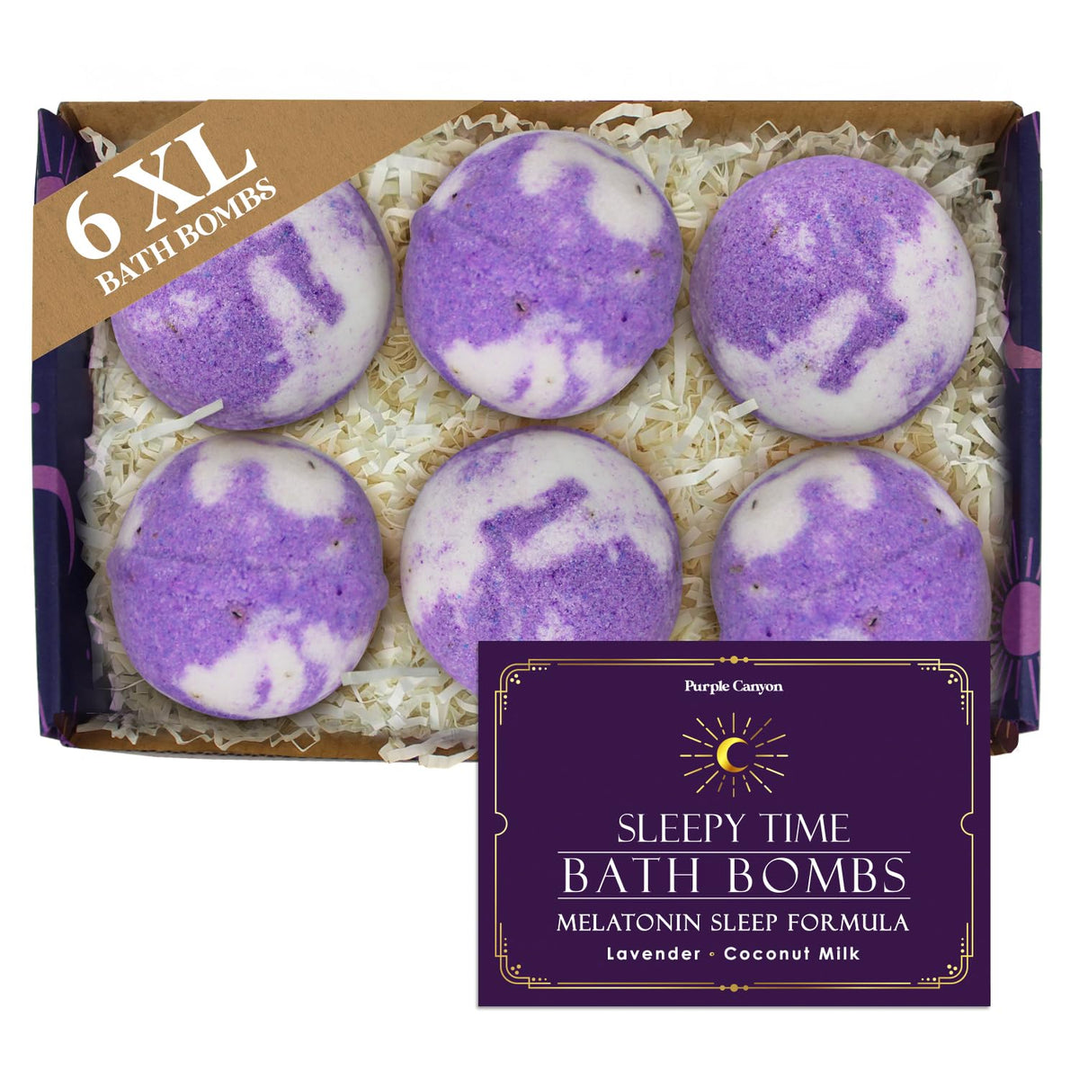 Purple Canyon Bath Bombs Set - Lavender & Coconut Milk, Sleep Support With Melatonin, 6 Pack