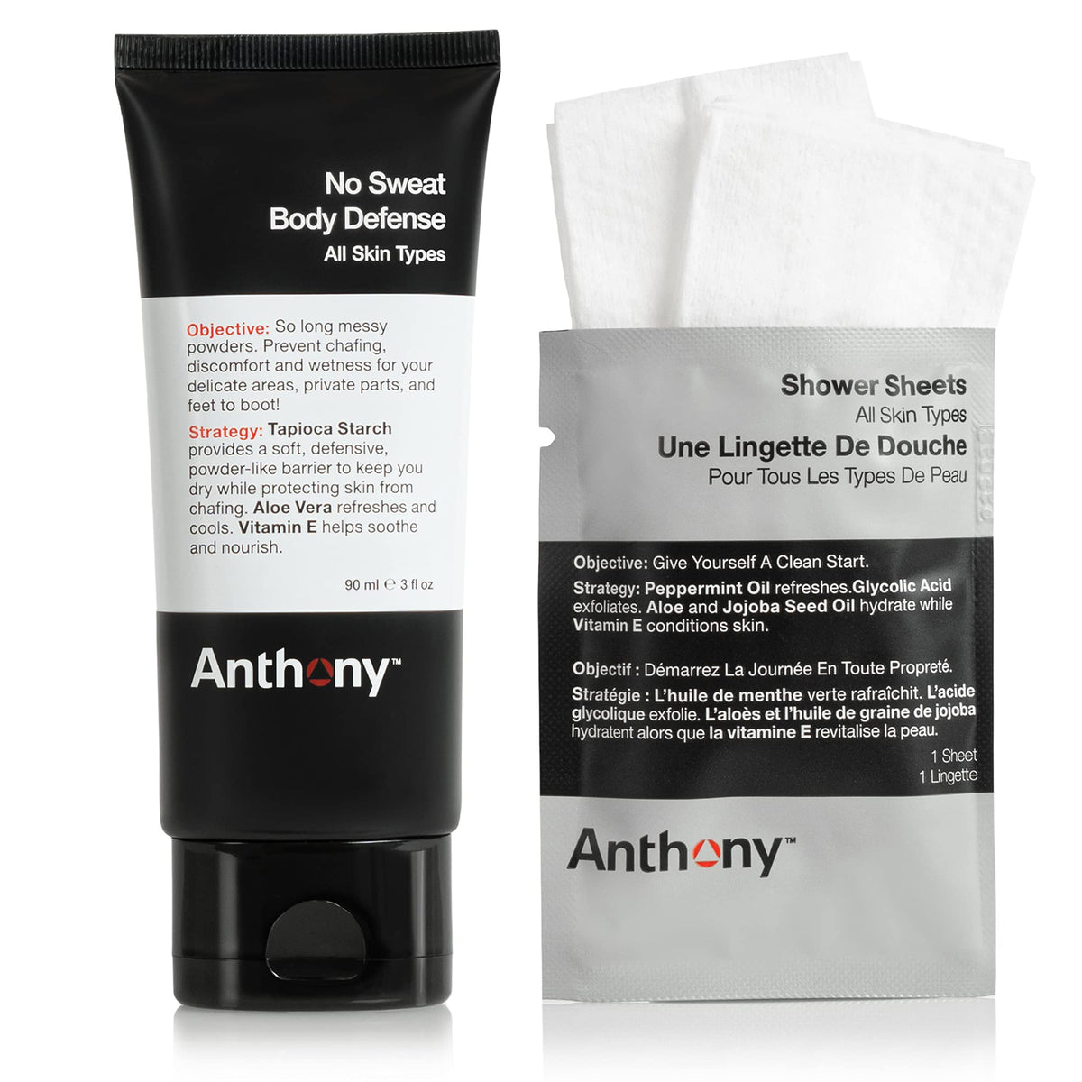 Anthony No Sweat Body Defense Bundle – Anti-Chafing Cream-To-Powder & Shower Sheet, 3 Fl Oz