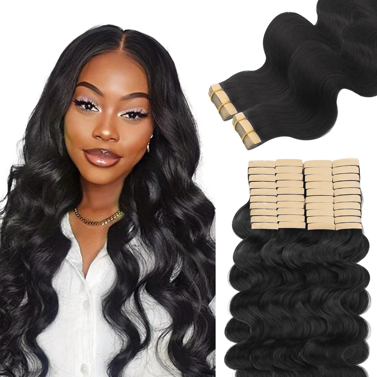 Lashey Human Hair Tape In Extensions 24&quot; 40Pcs 100G Natural Black Body Wave Real Hair