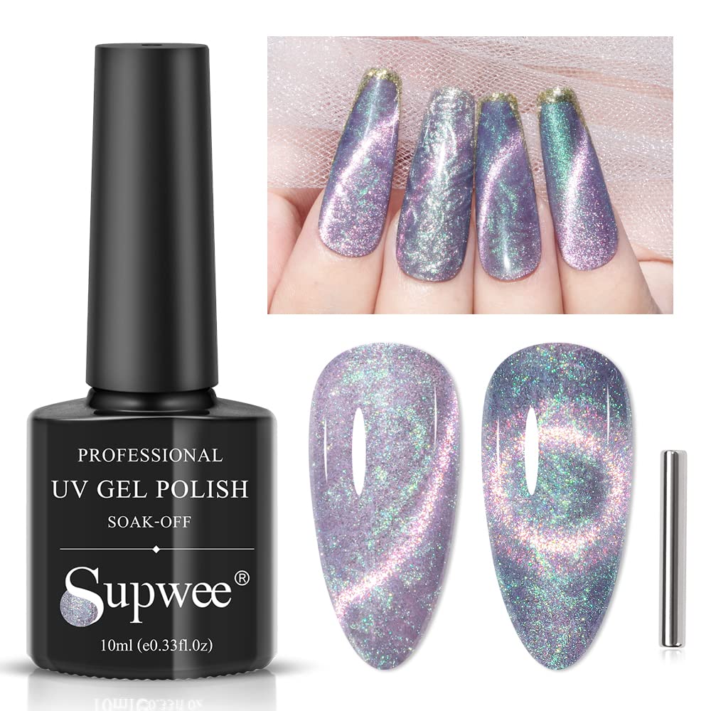 Supwee Pearl Cat Eye Gel Nail Polish - Holographic Glitter Uv Varnish, 0.33 Fl Oz