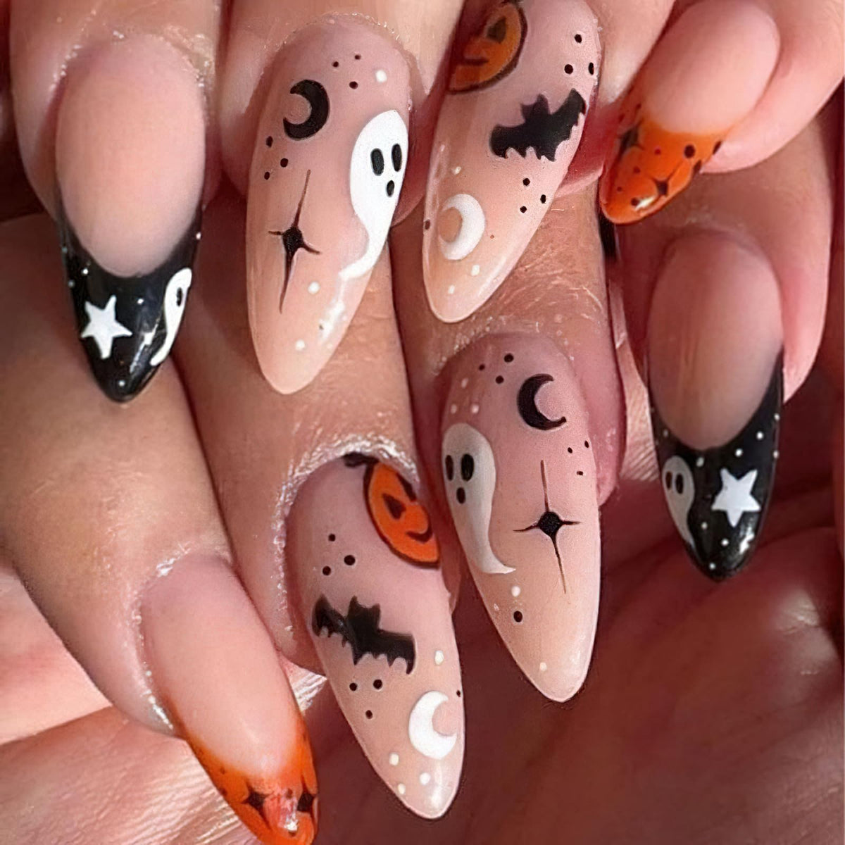 Zaskhld Halloween Press On Nails, Medium Almond, French Tip, 24Pcs, Cute Spooky Designs, Glossy