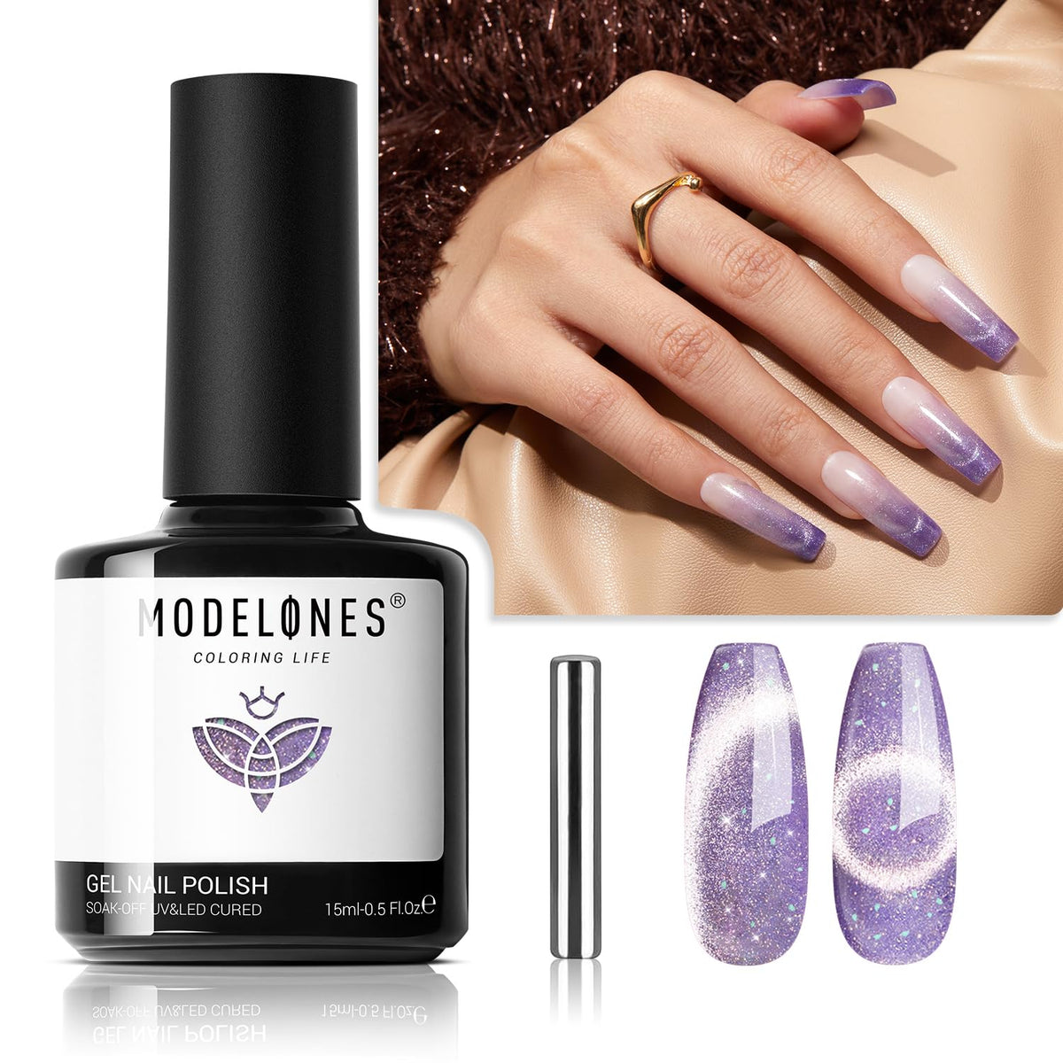 Modelones Cat Eye Gel Nail Polish, 15Ml Glitter Purple, Soak Off Led Nail Art For Winter Manicure