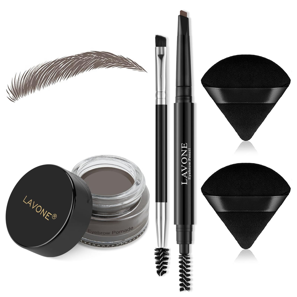 Lavone Eyebrow Pencil Makeup Kit - Waterproof Pencil, Pomade, Brush & Puff - Ebony