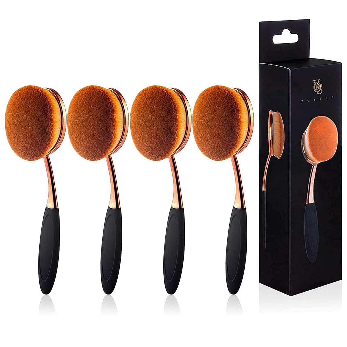 Yoseng Rose Gold Oval Makeup Brushes Set - 4Pcs Foundation Contour Toothbrush, Black/Rose Gold